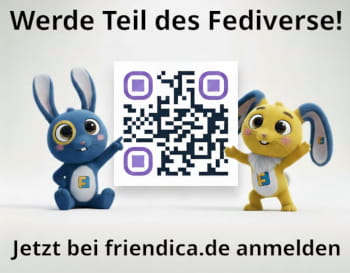 Das Friendica-Maskottchen Flaxy O’Hare und eine Freundin zeigen auf einen QR-Code. Darüber steht 'Werde Teil des Fediverse!'. Unter dem QR-Code steht geschrieben 'Jetzt bei friendica.de anmelden'.