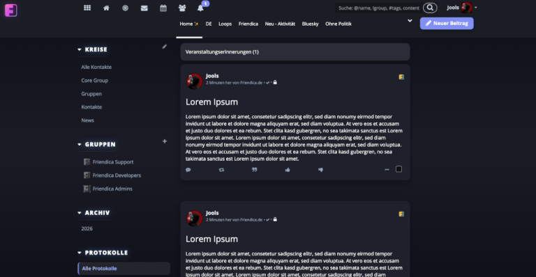 Desktop-Ansicht des Friendica-Templates Onyx Slate. Ein Theme mit dunklen Elementen, weißer Schrift und lila Akzenten.