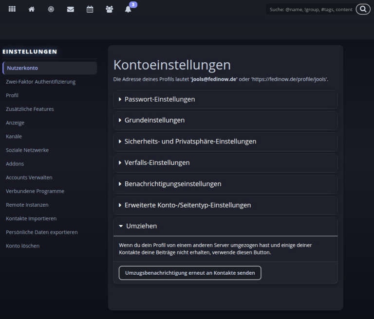 Einstellungen-Menü mit hervorgehobener Rubrik 'Kontoeinstellungen' und Unterpunkten wie Passwort, Grundeinstellungen, Sicherheit, Verfall, Benachrichtigungen, erweiterte Kontoeinstellungen und Umziehen mit einem Button zur Umzugsbenachrichtigung.