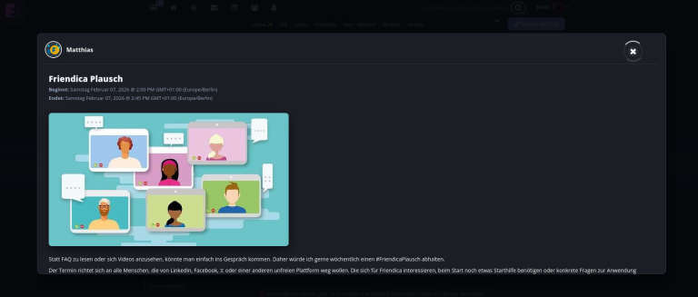 Veranstaltungsdetails des Friendica Plausch, symbolisch wurde hier ein Bild genutzt, auf dem eine Videokonferenz mit 6 Teilnehmern in farbigen Rechtecken zu sehen ist.
