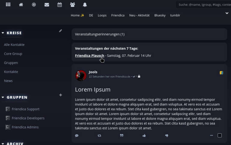 Veranstaltungserinnerung, sowie ein Beitrag mit dem Titel 'Lorem Ipsum'.