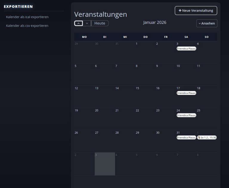Kalenderansicht für Januar 2026 mit mehreren Terminen namens an verschiedenen Tagen und einer Seitenleiste mit Exportoptionen.