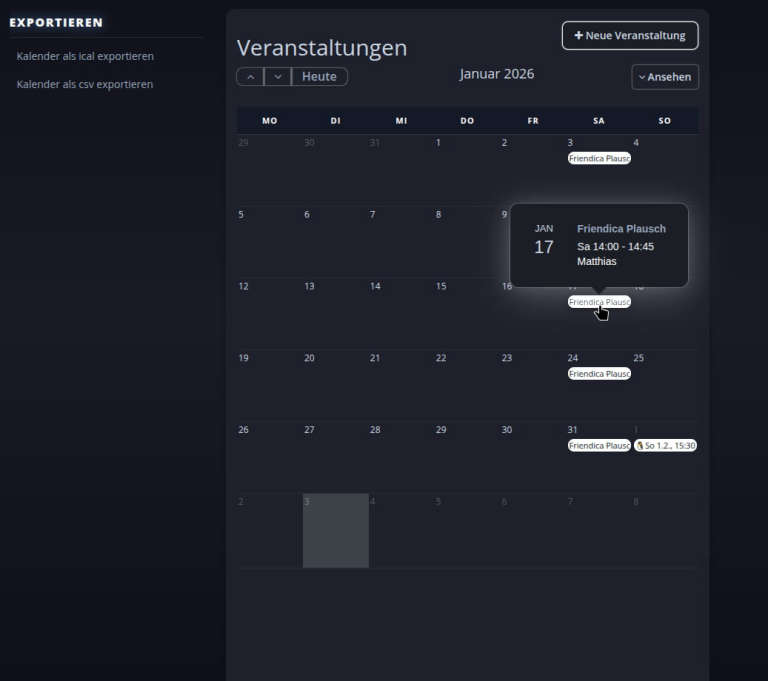 Kalenderansicht für Januar 2026 mit mehreren Terminen und einem hervorgehobenen Termin.
