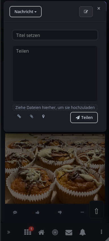 Editor in der mobilen Ansicht - dunkle Eingabefelder sind zu sehen, dazu mehrere Buttons zum erstellen eines neuen Beitrags.