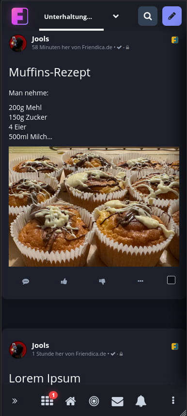 Mobile Ansicht mit einem Beitrag, auf dem ein Rezept für Muffins zu sehen ist.