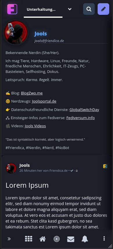 Userprofil in der mobilen Ansicht, zu sehen ist das Profilbild, der Username, das Fediverse-Handle sowie die Beschreibung des Users.