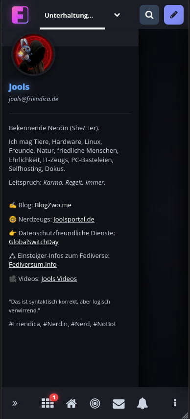 Linke Seitenleiste der mobilen Ansicht mit Profilbild, Username, Fediverse-Handle sowie weiteren Details des Users.