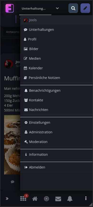 Rechte Seitenleiste der mobilen Ansicht, hier erscheint das Usermenü mit verschiedenen Einstellungsmöglichkeiten.