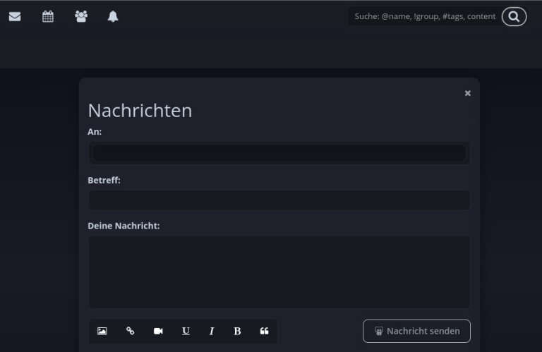 Dunkles Nachrichtenfenster mit Eingabefeldern für Empfänger, Betreff und Nachricht sowie Schaltfläche Nachricht senden'