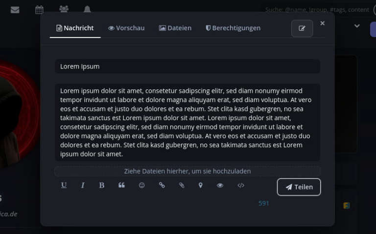Beitragseditor mit Beispieltext Lorem Ipsum