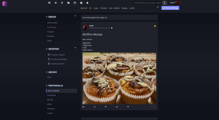 Zu sehen ist ein Post mit Bild, hierbei handelt es sich um ein Rezept für Muffins.