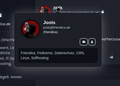 Profilfenster im Detail mit Benutzerbild und Informationen zum Nutzer, darunter Fediverse-Handle sowie Schlagwörter.
