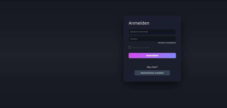Dunkles Anmeldefenster mit Eingabefeldern für Benutzername oder E-Mail und Passwort sowie Buttons zum Anmelden und Nutzerkonto erstellen.