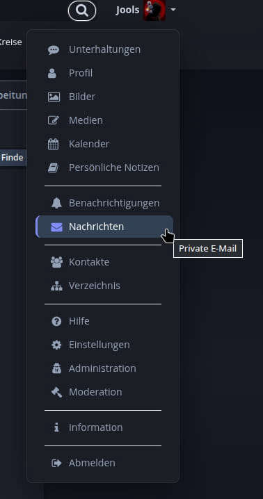 Usermenü mit Optionen wie Unterhaltungen, Profil, Bilder, Medien, Kalender, persönliche Notizen, Benachrichtigungen, Nachrichten, Kontakte, Verzeichnis, Hilfe, Einstellungen, Administration, Moderation, Information und Abmelden.