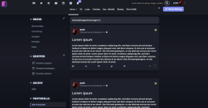 Die Desktop-Ansicht des Friendica Templates Onyx Slate. Ein dunkler Hintergrund, weiße Schrift und einige lila Akzente.