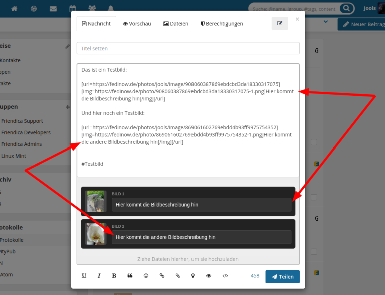 Screenshot eines Forums oder einer Webanwendung mit einem Texteditorfenster, das Beispieltexte und Bildvorschauen mit Bildunterschriften zeigt