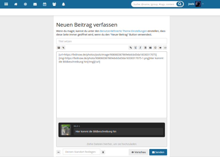 Screenshot einer Webseite mit einem Formular zum Verfassen eines neuen Beitrags und einem Bereich zum Hochladen von Bildern