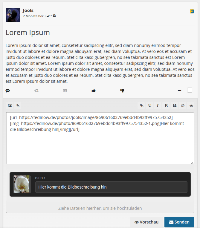 Screenshot eines Social-Media-Beitrags mit dem Titel 'Lorem Ipsum' und einem Textfeld mit Beispieltext sowie einem Bild-Upload-Bereich mit der Beschriftung 'Hier kommt die Bildbeschreibung hin'