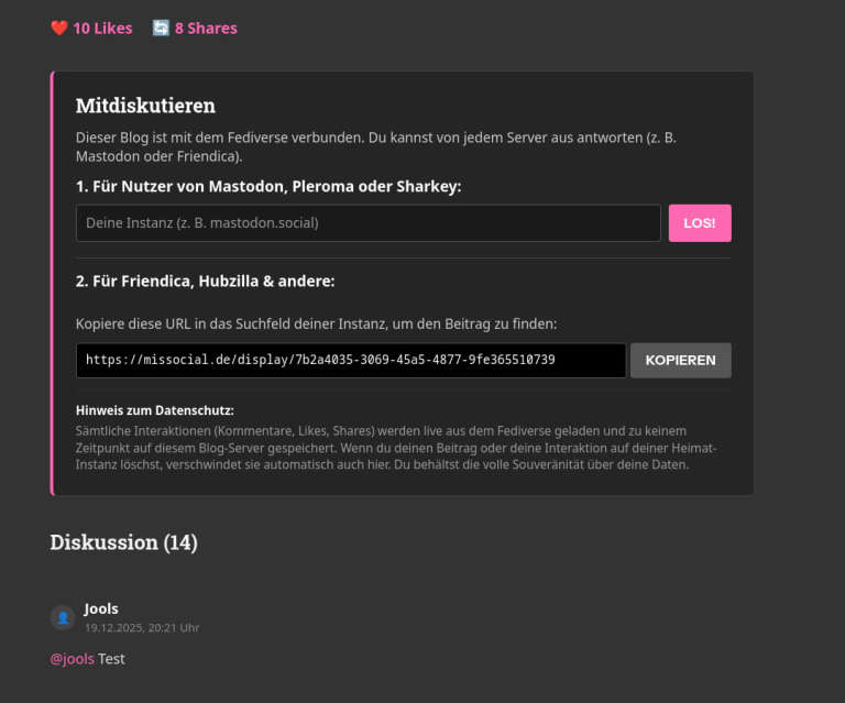 Benutzeroberfläche eines Fediverse-Kommentars mit Eingabefeldern für Mastodon, Pleroma oder Sharkey und für Friendica, Hubzilla sowie einem Diskussionsbereich mit einem Kommentar.