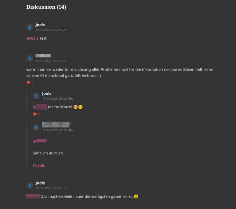 Mehrere Kommentare aus dem Fediverse mit mehreren Teilnehmern und Zeitstempeln.